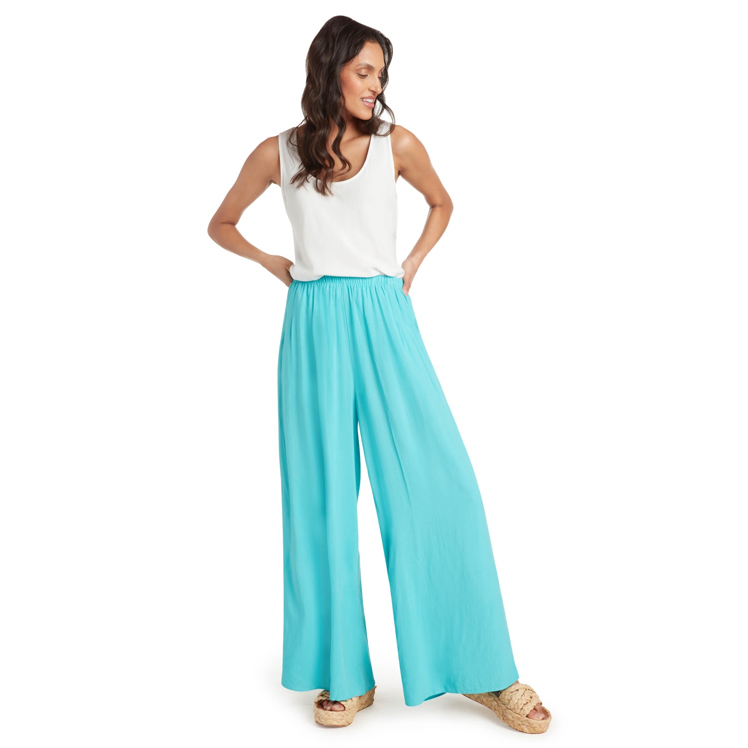 Solid Long Wide Leg Pants - Ocean