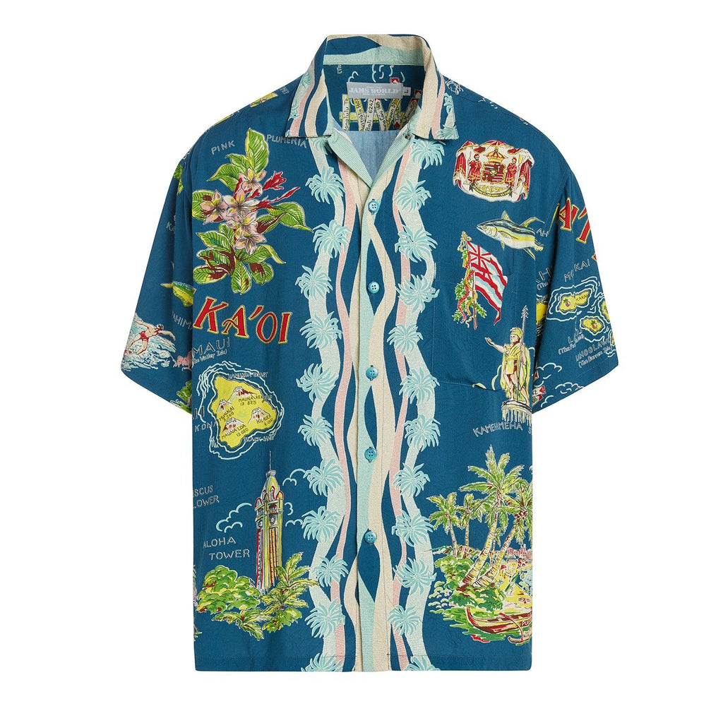 Womens Blue Hawaiian Shirt with Plumeria